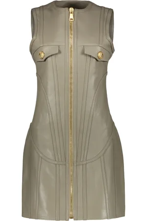 Balmain Mini Leather Dress with Embellished Buttons