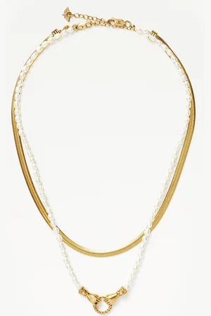 Missoma Iconic In Good Hands Necklace Set | 18ct Gold Vermeil/Pearl & Black Onyx