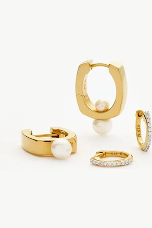 Missoma Pearl Square & Pave Small Hoop Earring Set | 18ct Gold Vermeil Cubic Zirconica Pearl