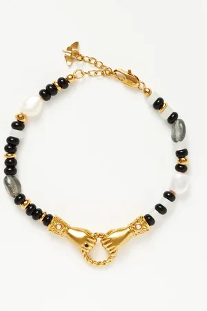 Missoma Harris Reed In Good Hands Beaded Gemstone Bracelet | 18ct Gold Plated/Black Chalcedony & Pearl