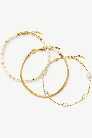 Missoma Pearl & Snake Chain Triple Bracelet Set | 18ct Gold Plated