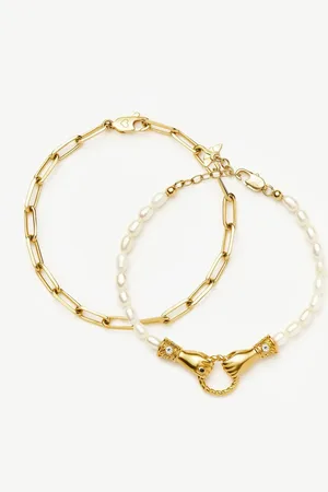Missoma In Good Hands Pearl & Chain Bracelet Set | 18ct Gold Plated / Pearl & Black Onyx