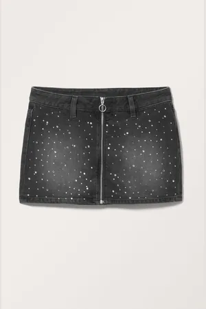 Monki Low Embellished Denim Mini Zip Skirt