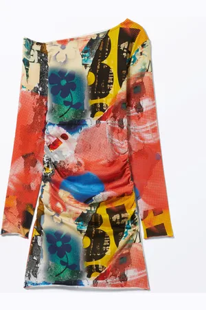 Monki Long-Sleeved Printed Off-Shoulder Mini Dress