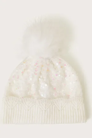 Monsoon Lizzie Sequin Pom-Pom Beanie Ivory