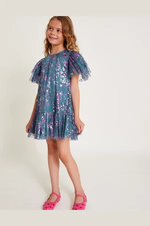 Monsoon Frilly Sleeve Metallic Print Mesh Dress