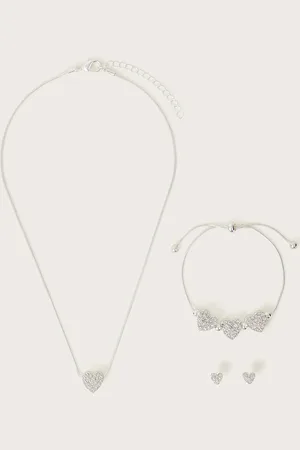 Monsoon Diamante Heart Earrings Necklace and Bracelet Set