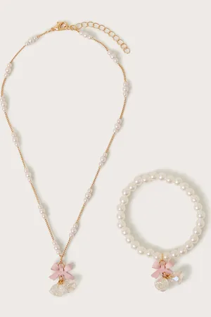 Monsoon Belle Bow Pendant Pearl Necklace and Bracelet Set