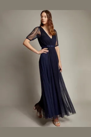 Monsoon Ellie Sheer Sleeve Plunge Tulle Maxi Dress