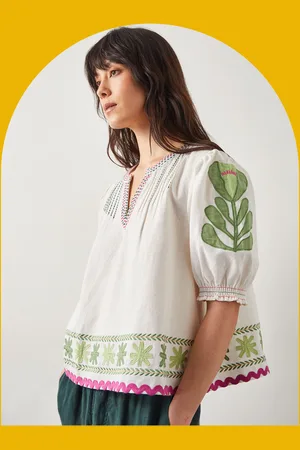 Bohemia East Valeria Appliqué Puff Sleeve Top