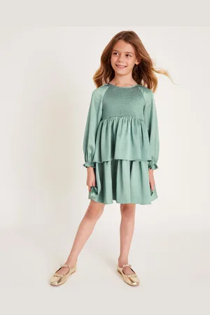 Monsoon Long Sleeve Smocked Satin Dress