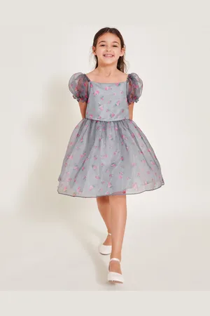 EAST Puff Sleeve Floral Organza Dress Blue