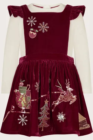 Monsoon Baby Top and Velvet Christmas Pinafore Dress Set Red