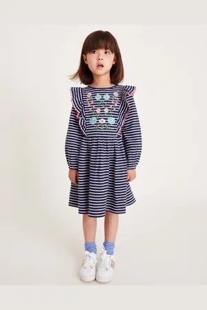 Monsoon Floral Embroidered Stripe Ruffle Dress