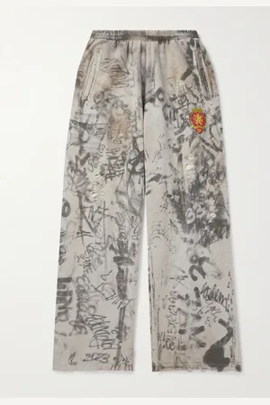 Balenciaga Wide-Leg Logo-Embroidered Distressed Printed Cotton-Jersey Sweatpants - Men - - XS