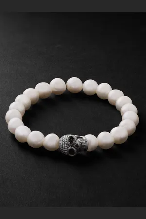 Sydney Evan Skull Rhodium-Plated, Diamond and Pearl Beaded Bracelet - Men