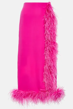 VALENTINO Feather-trimmed silk cady midi skirt