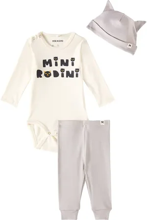 Mini Rodini Baby Cats bodysuit, beanie, and sweatpants set