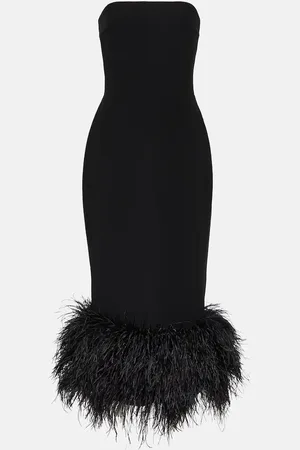 Rasario Feather-trimmed strapless crepe midi dress