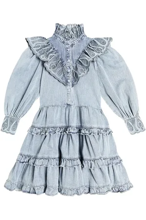 Petite Amalie Ruffled embroidered chambray dress