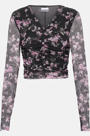 Ganni Ruched floral mesh crop top