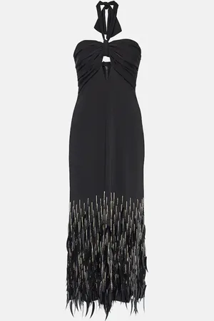 JOHANNA ORTIZ Feather-trimmed crepe maxi dress
