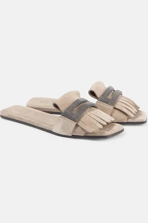 Brunello Cucinelli Fringed suede slippers