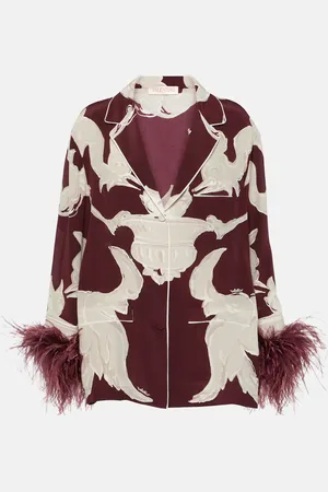 VALENTINO Printed feather-trimmed silk crepe de chine blouse