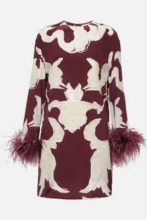 VALENTINO Printed feather-trimmed silk minidress