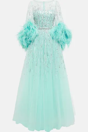 Jenny Packham Imani embellished faux-feather trimmed gown