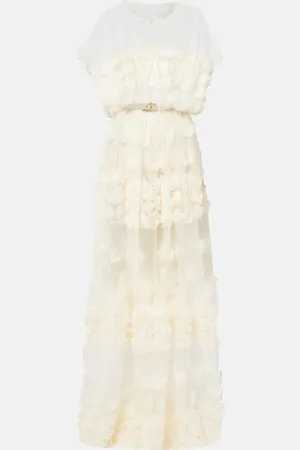 Norma Kamali Floral-applique belted sheer gown