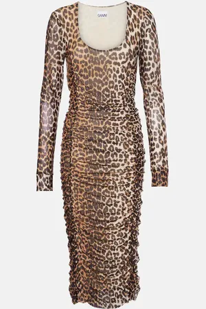 Ganni Leopard-print ruched mesh midi dress