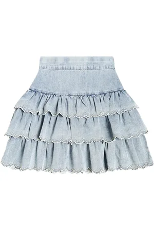 Petite Amalie Ruffled embroidered cotton chambray skirt