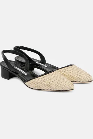 Manolo Blahnik Raffro leather-trimmed raffia slingback pumps