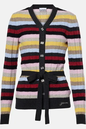 Ganni Striped cable-knit wool-blend cardigan