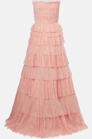 Costarellos Trissa plisse tiered tulle and lace gown