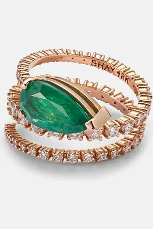 Shay Teardrop Spiral 18kt gold ring with white diamonds and emeralds