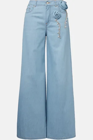 AREA Embellished floral-applique wide-leg jeans