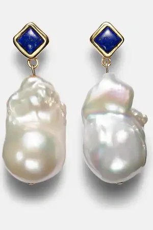 Sophie Buhai Mer Large 18kt gold earrings with lapis and baroque pearls