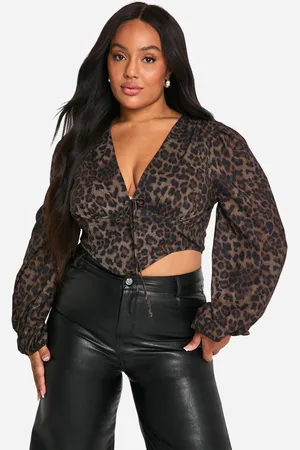 Boohoo Womens Plus Leopard Puff Sleeve Longline Corset Top - - 26