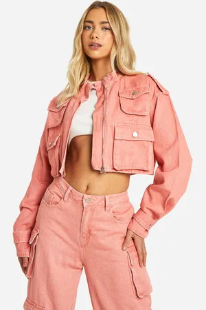 Boohoo Womens Acid Wash Cargo Crop Denim Jacket - 6