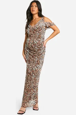 Boohoo Womens Maternity Mesh Leopard Print Cowl Neck Bardot Maxi Dress - - 8