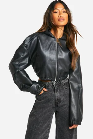 Boohoo Womens Hooded Faux Leather Bomber Jacket - - 16