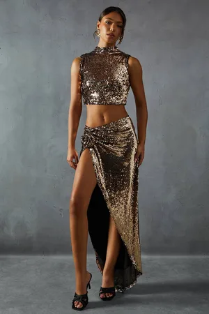 MissPap Womens Sequin Top & Split Leg Maxi Skirt Co Ord - - 16