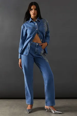 warehouse Womens Premium Crystal Embellished Sequin Straight Leg Jeans - - 8