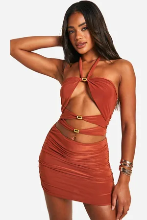 Boohoo Womens Double Slinky Cut Out Halter Neck Top and Mini Skirt - - 16