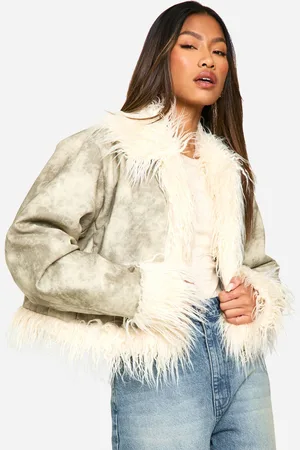 Boohoo Womens Vintage Look Faux Leather Faux Fur Trim Jacket - - 14