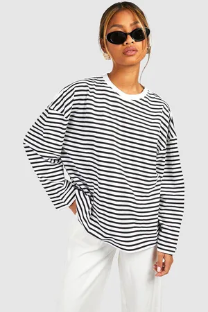 Boohoo Womens Basics Cotton Oversized Long Sleeve Striped T-shirt - - 6