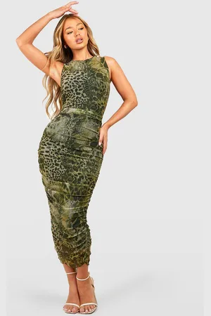 Boohoo Womens Animal Print Rouched Mesh Midaxi Dress - - 8