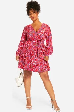 Boohoo Womens Plus Floral Ruffle Wrap Skater Dress - - 26